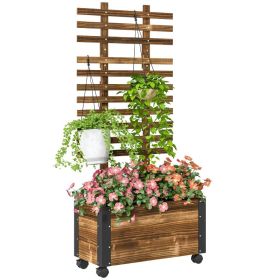 Wooden Raised Garden Bed, Planter Box WTrellis And Metal Corners, Portable On Wheels For Patio, Backyard, Deck, Brown (Option: Carbonized Brown)